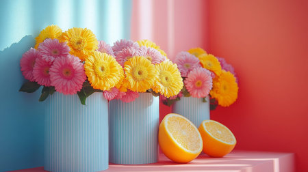 A cheerful arrangement of colorful vases filled with fresh flowers and citrus fruits, creating a bright and lively composition.の素材