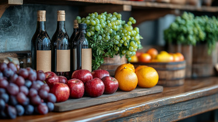 A rustic arrangement of fresh fruits and wine bottles, creating an inviting and gourmet display.の素材