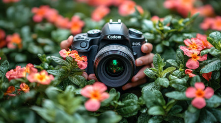 A digital camera surrounded by colorful flowers in a garden, showcasing creativity and nature together.の素材