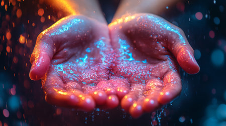 A pair of hands holding glowing blue particles, creating a magical and energetic composition with vibrant lighting.の素材