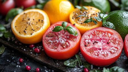 Freshly sliced citrus fruits, including oranges and lemons, arranged on a dark background for a vibrant contrast.の素材