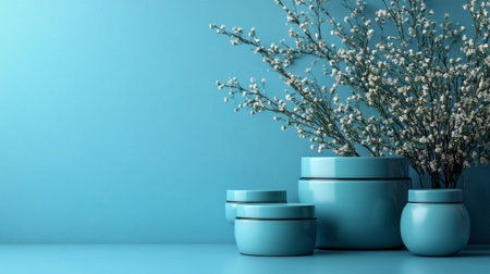 A minimalist turquoise-themed decor setup featuring ceramic vases with delicate branches in a modern setting.の素材