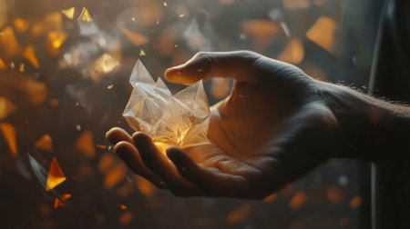 A mystical hand holding a glowing crystal, surrounded by dynamic fiery sparks, creating an ethereal and magical atmosphere.の素材