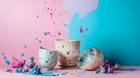 Artistic cups splattered with colorful paint, set against a pastel pink and blue background, creating a vibrant visual.の素材