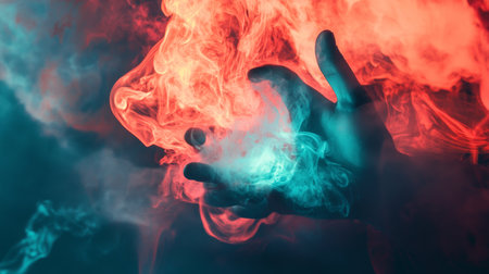 A dramatic composition of a hand reaching into colorful smoke, creating a surreal and vibrant visual.の素材