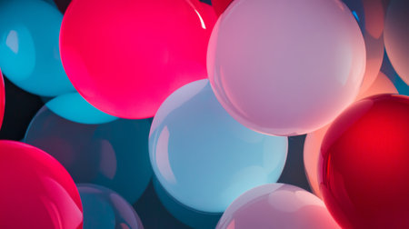 A playful scene of colorful balloons illuminated by vibrant and bold lighting, creating a festive atmosphere.の素材