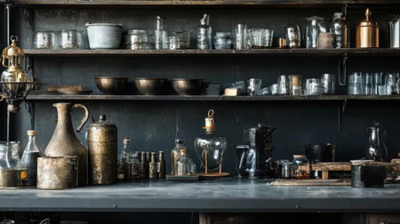 A collection of vintage kitchenware and ceramics displayed on wooden shelves, creating a rustic and charming atmosphere.の素材