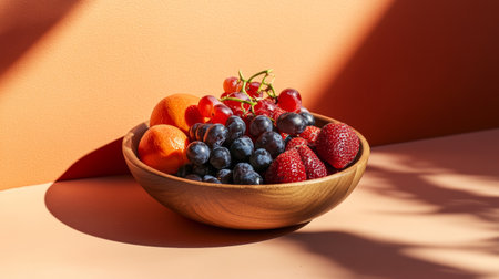 A wooden bowl brimming with fresh strawberries, blueberries, and other fruits, illuminated by warm sunlight.の素材