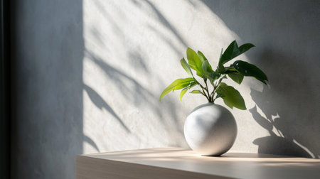 A simple and elegant white vase holding a green plant, placed in soft sunlight against a neutral backdrop.の素材