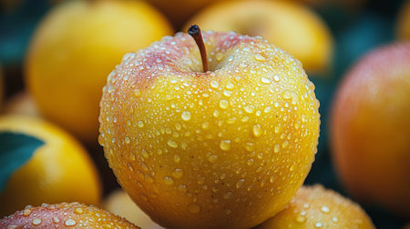 A close-up of a golden apple covered in dewdrops, illuminated by soft natural light for a fresh and inviting look.の素材