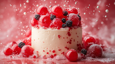 A delicious raspberry cake garnished with fresh berries, set against a soft pastel background for a gourmet presentation.の素材