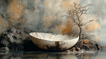 A rustic ceramic bowl placed against a textured wall with subtle earthy tones, creating a timeless and artistic composition.の素材