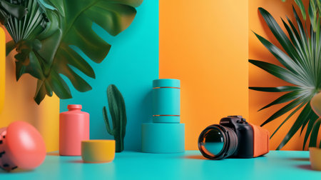 A modern decor arrangement with colorful vases and vintage cameras, set against a bright orange and turquoise background.の素材