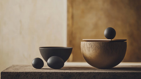 A minimalist arrangement of wooden bowls and small decorative spheres on a rustic surface, emphasizing natural textures and elegance.の素材
