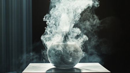 Steam gently rising from a ceramic teapot in a dimly lit room, creating a tranquil and atmospheric setting.の素材