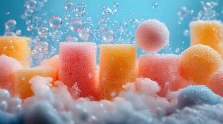 A collection of vibrant bath bombs dissolving in water, creating colorful and frothy bubbles in a playful composition.の素材