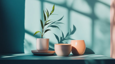 A serene composition of minimalist potted plants placed on a sunny windowsill, creating a calm and refreshing atmosphere.の素材