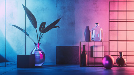 A vibrant modern still life composition featuring vases, bottles, and a plant, illuminated by pink and blue lighting.の素材
