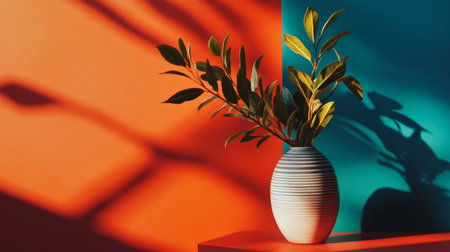 A minimalist white vase with green leaves illuminated by warm sunlight, casting artistic shadows on a bold red background.の素材