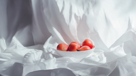 Fresh cherry tomatoes displayed on white fabric under soft lighting, creating a clean and natural aesthetic.の素材