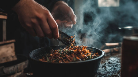 A chef skillfully cooking a savory dish in a pan, with steam rising, creating a warm and inviting culinary scene.の素材