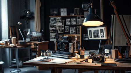 A photography studio workspace filled with vintage cameras and creative decor, exuding charm and artistic inspiration.の素材
