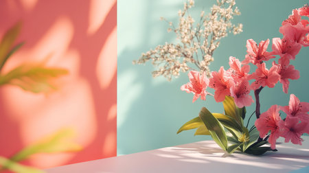 Delicate pink blossoms placed in a sunny minimalist arrangement, creating a bright and serene atmosphere.の素材