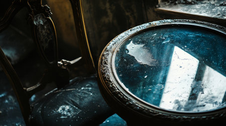 An antique metal water basin capturing reflections of natural light, creating a rustic and artistic scene.の素材