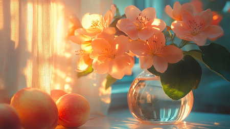 Pink blossoms illuminated by golden sunlight, accompanied by fresh fruits on a soft background, creating a serene scene.の素材