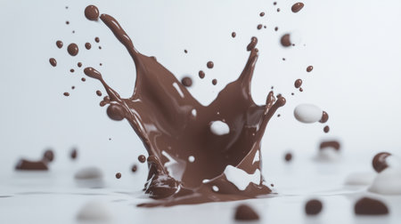 A dramatic chocolate splash captured mid-air against a white background, emphasizing dynamic motion and texture.の素材