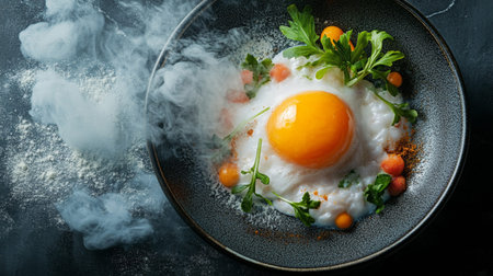 A breakfast plate with a perfectly cooked egg and fresh vegetables surrounded by mist, artistically styled.の素材