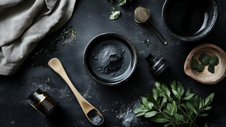A dark rustic kitchen setup featuring wooden utensils, spices, and fresh herbs, styled in a moody atmosphere.の素材