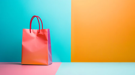 A vibrant shopping bag placed against a colorful two-tone background, creating a modern and eye-catching composition.の素材