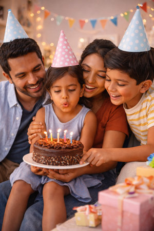 Smiling parents and daughter enjoy party moment around table with birthday cake indoors.の素材