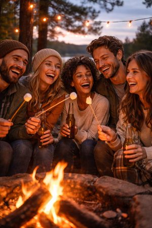 Group of young adults enjoys firelight, roasting snacks and smiling at campsite under night sky.の素材