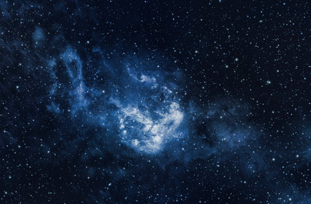 Blue Galaxy in universe and atmosphere with little stars at dark backgroundの写真素材