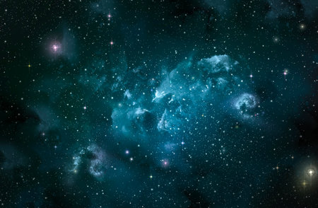 Galaxy in the blue clouds floating above the black background atmosphereの写真素材