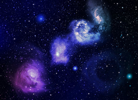 The galaxy in the bluish purple clouds floating above the black background atmosphereの写真素材