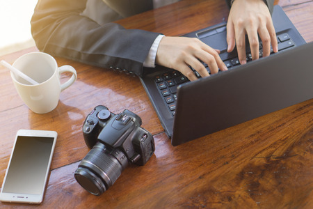 Young man working on top viewの写真素材