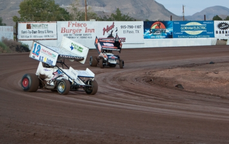 EL PASO â AUGUST 19:  Sprint Cars race on the dirt track at the El Paso Speedway Park on August 19, 2011 in El Paso, Texas.のeditorial素材