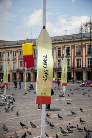 BOGOTA ? JANUARY 18.  A tribute to the French weekly newspaper Charlie Hebdo in La Candelaria?s Plaza on January 18, 2015 in Bogota, Colombia.のeditorial素材