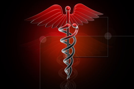 3d generated illustration of Medical caduceus sign in red on digital backgroundの写真素材
