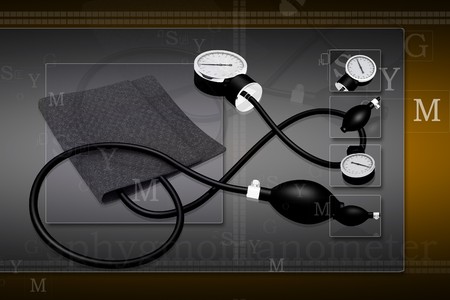 Black sphygmomanometer medical tool isolated on digital backgroundの写真素材