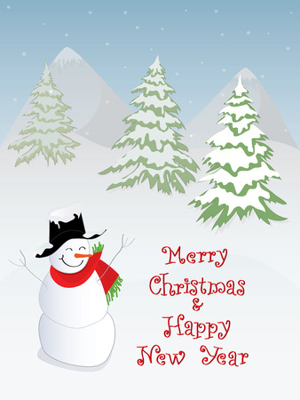 Merry Christmas theme with Christmas tree and snowmanのイラスト素材