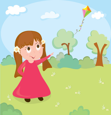 Little girl and flying kiteのイラスト素材