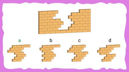 IQ test question with one main object a wall from where bricks are missing and four sets of building bricks at the bottom as given options. First option is the correct answer.のイラスト素材