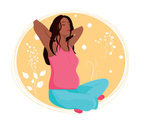 Colorful vector illustrated pregnant woman in sitting pose on a white background with orange circles and ornament shapesのイラスト素材
