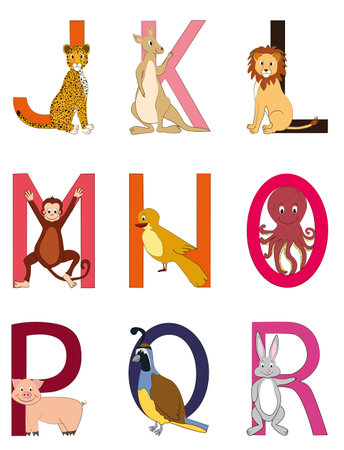 Vector illustration set of cartoon looking animals with colorful Alphabet lettersのイラスト素材