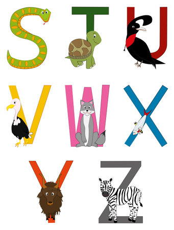 Vector illustration set of cartoon looking animals with colorful Alphabet lettersのイラスト素材