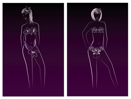 Abstract vector illustration of two women's outline drawings with floral style clothesのイラスト素材